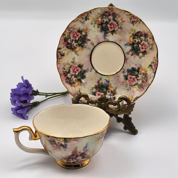 Vintage Bradford Editions Lena Liu "Precious" Floral Teacup & Saucer Set - Picture 2 of 5